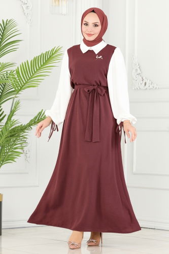 moda selvim Dress 6065S324 Dark Rose Dusky & Ecru - Thumbnail