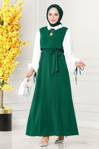 S.V.L. - DRESS 6065S324 Emerald & Ecru