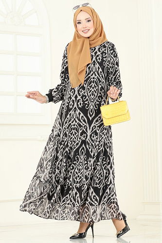 moda selvim Dress 6071UZ662 Pattern3 Vision&Black - Thumbnail
