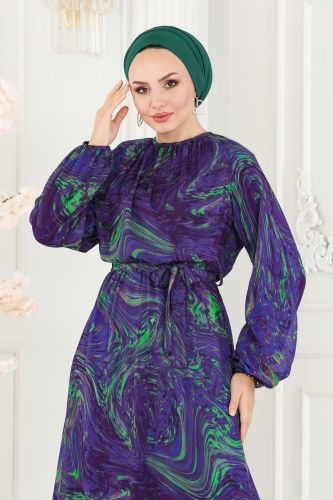 moda selvim Dress 6094BSK463 Purple & Green - Thumbnail