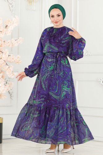 moda selvim Dress 6094BSK463 Purple & Green - Thumbnail