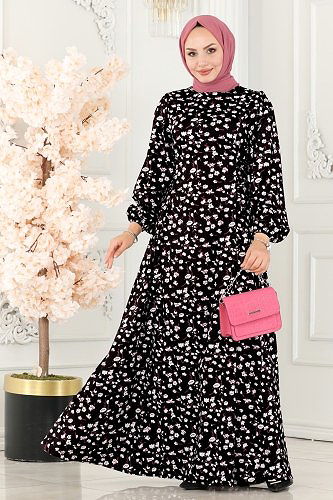 moda selvim Dress 6107BSK463 Black&Ecru - Thumbnail