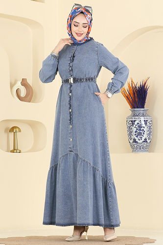 moda selvim الفستان جينز فاتح 6135ORG1169 - Thumbnail