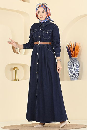 moda selvim الفستان جينز غامق 6136ORG1169 - Thumbnail