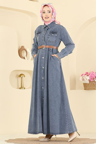 moda selvim الفستان جينز فاتح 6136ORG1169 - Thumbnail