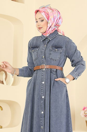 moda selvim الفستان جينز فاتح 6136ORG1169 - Thumbnail