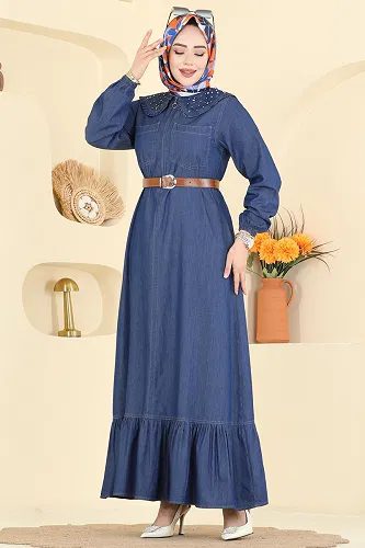 moda selvim الفستان جينز غامق 6141ORG1169 - Thumbnail