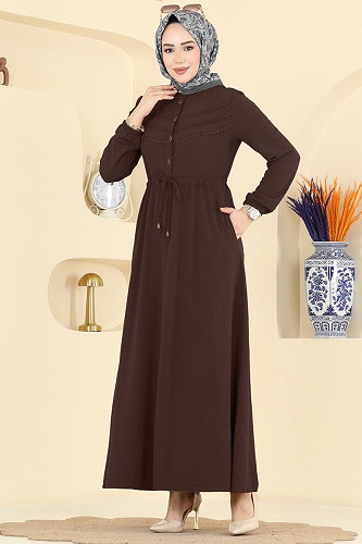 moda selvim الفستان بني غامق 6147ORG1169 - Thumbnail