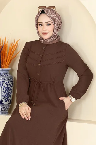 moda selvim الفستان بني غامق 6147ORG1169 - Thumbnail