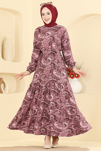 moda selvim Dress 6154ORG1169 Burgundy - Thumbnail