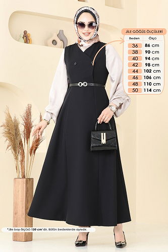 moda selvim فستان بلا اكمام أسود 6208BSK463 - Thumbnail