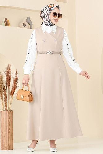 moda selvim فستان بلا اكمام بيج 6208BSK463 - Thumbnail