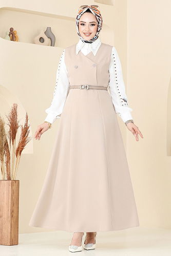 moda selvim فستان بلا اكمام بيج 6208BSK463 - Thumbnail