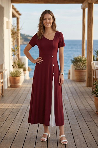 moda selvim Dress 62338JNT1202 Burgundy - Thumbnail
