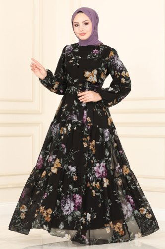 moda selvim 6471YG95 اسود فستان - Thumbnail