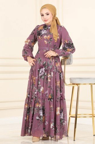 moda selvim 6471YG95 ارجواني فاتح فستان - Thumbnail