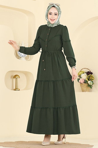 moda selvim الفستان أخضر عفني غامق 6601ORG1169 - Thumbnail