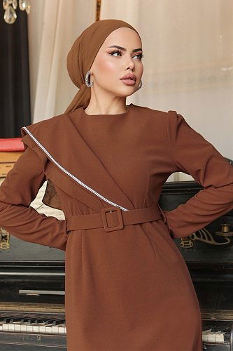 moda selvim الفستان بني 664MSM187 - Thumbnail