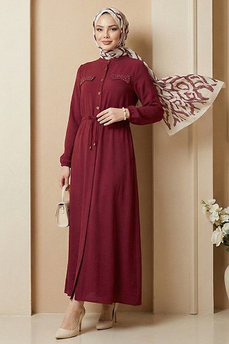 moda selvim Dress 6772ORG973-M Burgundy - Thumbnail
