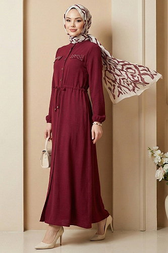 moda selvim Dress 6772ORG973-M Burgundy - Thumbnail