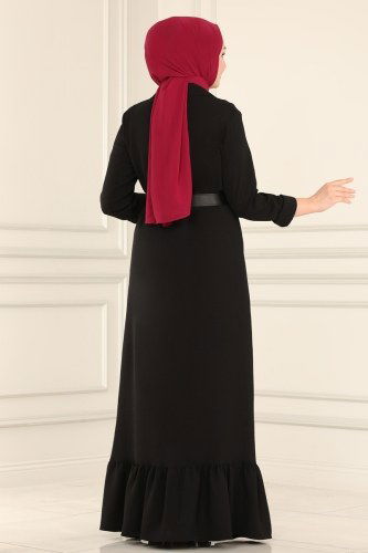 moda selvim 6802S324 اسود فستان - Thumbnail