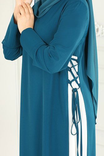 moda selvim Dress 6858MDH809 Petroleum&Ecru - Thumbnail