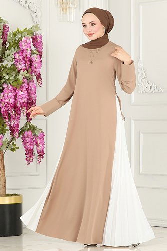 moda selvim 6858MDH809 بيج & سكري فستان - Thumbnail