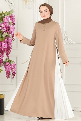moda selvim 6858MDH809 بيج & سكري فستان - Thumbnail