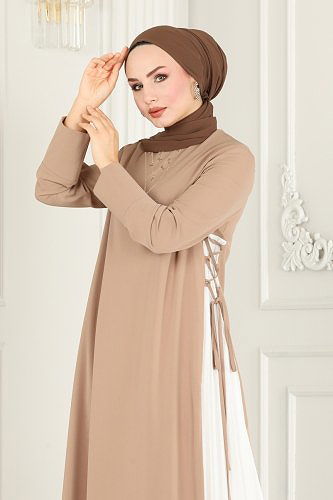 moda selvim 6858MDH809 بيج & سكري فستان - Thumbnail