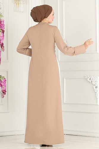 moda selvim 6858MDH809 بيج & سكري فستان - Thumbnail