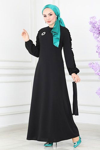 moda selvim الفستان أسود 7016MDA386 - Thumbnail