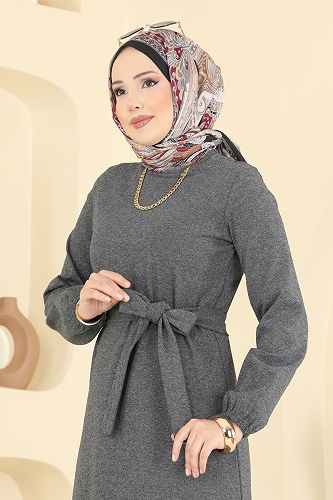 moda selvim الفستان رمادي غامق 702PM271 - Thumbnail