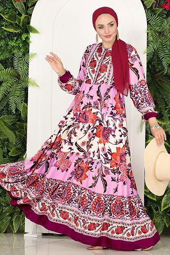 moda selvim 7070VTN849 الزهري فستان - Thumbnail