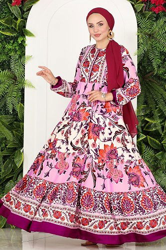 moda selvim 7070VTN849 الزهري فستان - Thumbnail