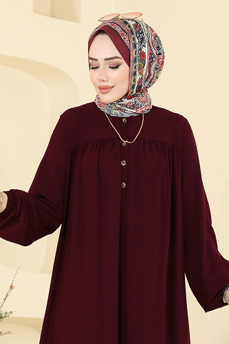 moda selvim Dress 7103ERK1158 Burgundy - Thumbnail