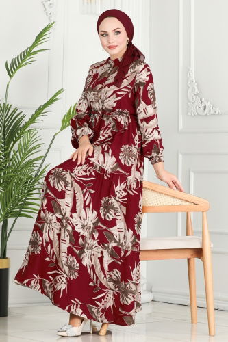 moda selvim Dress 7119BG354 Burgundy - Thumbnail