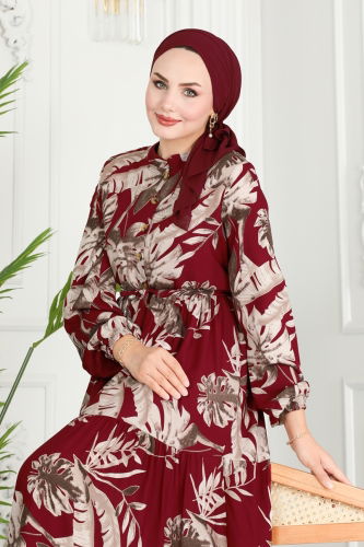 moda selvim Dress 7119BG354 Burgundy - Thumbnail