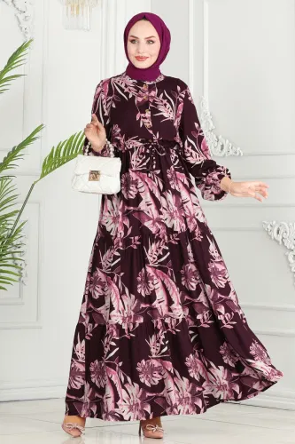 moda selvim Dress 7119BG354 Damson - Thumbnail