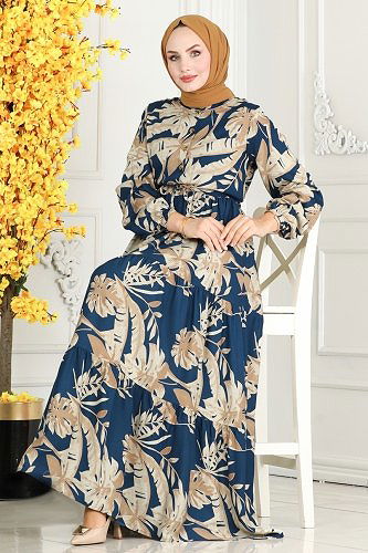 moda selvim Dress 7119BG354 Petroleum - Thumbnail