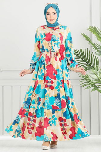 moda selvim الفستان بترولي فاتح 7124BG354 - Thumbnail