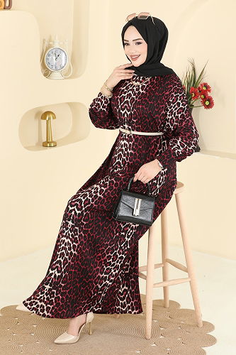 moda selvim Dress 7137ERK1158 Pattern2 Burgundy - Thumbnail