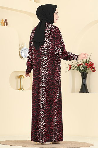 moda selvim Dress 7137ERK1158 Pattern2 Burgundy - Thumbnail
