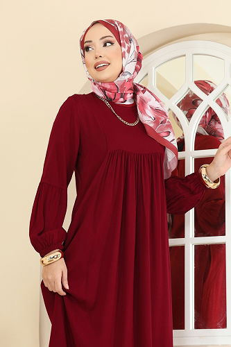 moda selvim Dress 7139BG354 Burgundy - Thumbnail