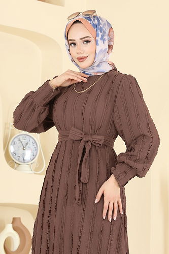 moda selvim الفستان بني 7150BG354 - Thumbnail