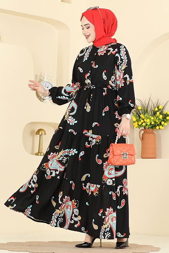 moda selvim الفستان أخضر فاتح وأسود 7155ERK1158 - Thumbnail