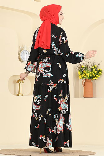 moda selvim الفستان أخضر فاتح وأسود 7155ERK1158 - Thumbnail