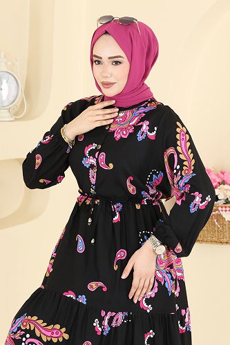 moda selvim Dress 7155ERK1158 Fuchsia & Black - Thumbnail