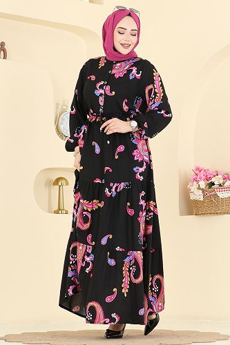 moda selvim Dress 7155ERK1158 Fuchsia & Black - Thumbnail