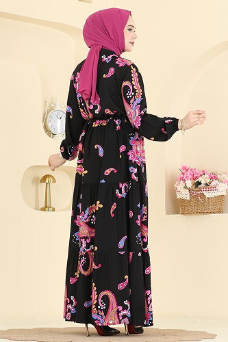 moda selvim Dress 7155ERK1158 Fuchsia & Black - Thumbnail