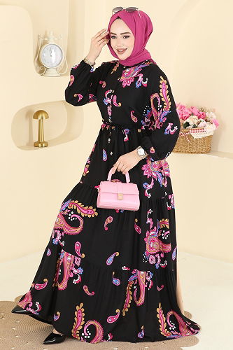 moda selvim الفستان فوشي واسود 7155ERK1158 - Thumbnail